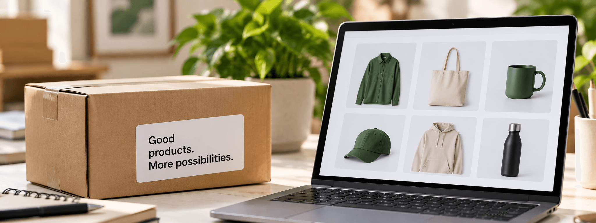Shipping box beside a product catalog on a screen